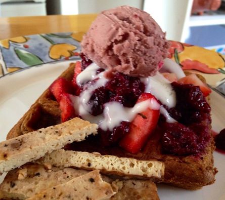 Vegan waffles, fruit and ice cream at the Ginger Cat B&B